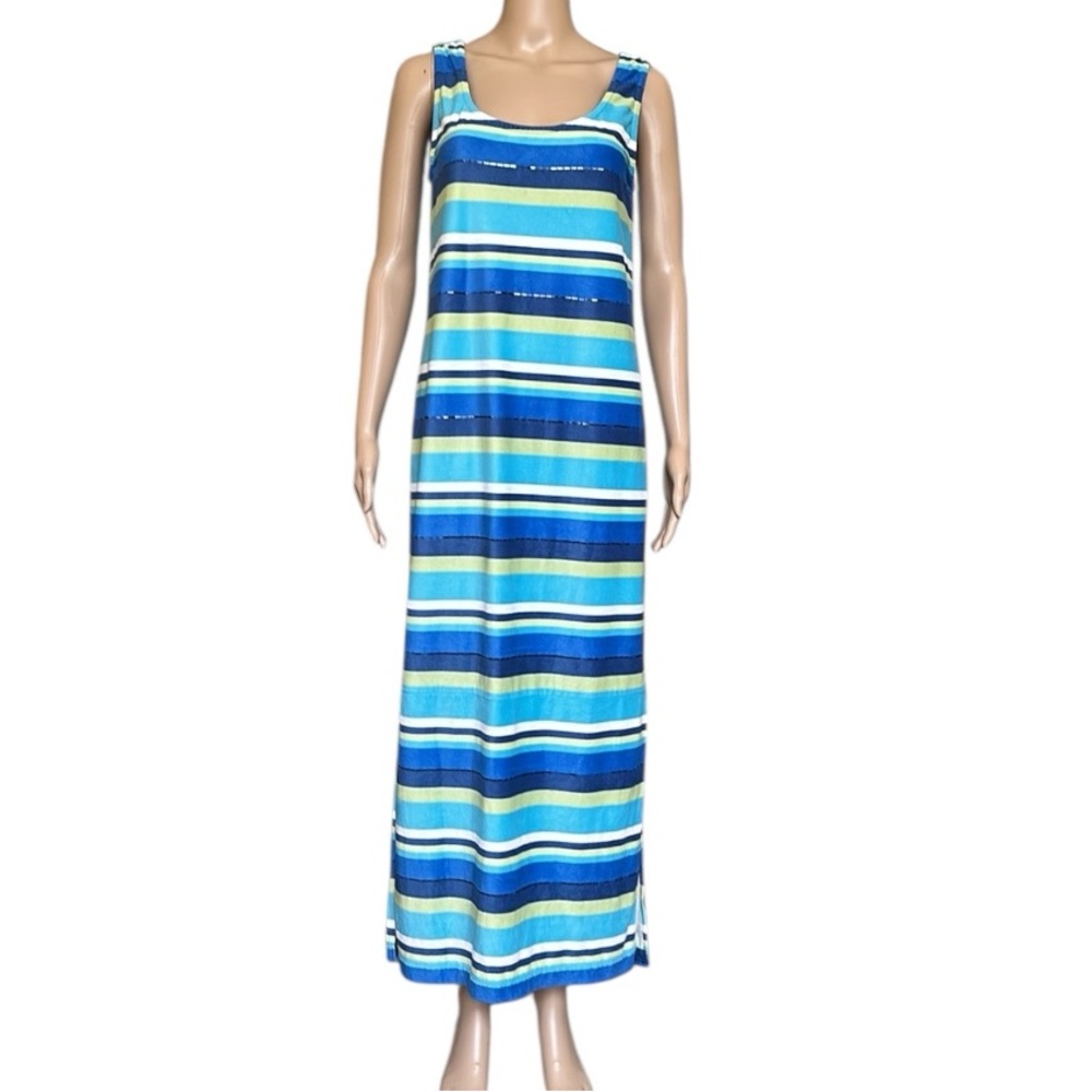 St. John Sport Striped Blue and Green Sleeveless Tank Maxi Dress Size 6